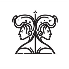 Vector doodle of twins, embodying the curious and adaptable nature of Gemini. Black and white illustration of Gemini star sign. A representation of intellectual exploration and social charm.