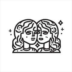 Vector doodle of twins, embodying the curious and adaptable nature of Gemini. Black and white illustration of Gemini star sign. A representation of intellectual exploration and social charm.