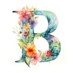 Colorful Floral Watercolor Alphabet Letters. Letter B. Isolated on white background. Generative AI Digital Illustration.