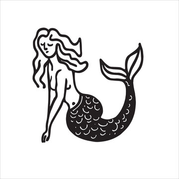 Delve into the enchanting realm of this mermaid vector doodle, where fantasy and beauty collide. Embrace your inner magic and let your imagination swim freely. Monochrome illustration.