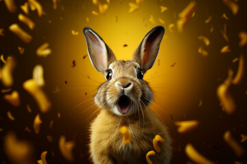 Portrait Banner for Website of surprised amazed rabbit pet with a curious face with open mouth at on yellow background. Website banner concept. Advertising postcards, notebooks. Generative AI