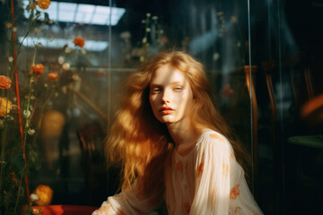 portrait of a woman/model/book character standing by a window in warm daylight with a thoughtful/sad expression in a fashion/beauty editorial magazine style film photography look - generative ai art