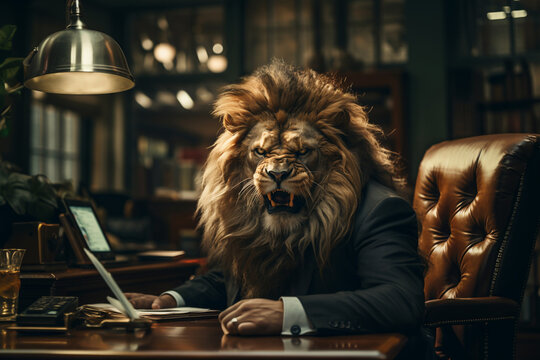 Angry agressive male lion in expensive formal suit, the king of beasts with mane, the big boss is sitting in a luxurious chair in the office room. Business management concept. Generative AI Technology