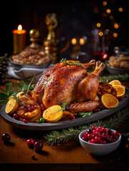 Roasted Turkey on Christmas Dinner Table. Created with Generative AI - 623845418