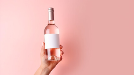 Hand holding a rose wine bottle. Created with Generative AI - 623845426