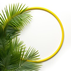 Above top view photo of empty yellow circle for advertising or branding surrounded with green palm leaves isolated on white background