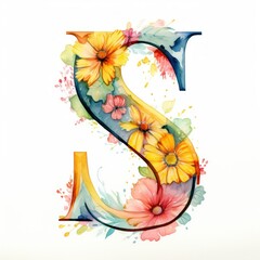 Colorful Floral Watercolor Alphabet Letters. Letter S. Isolated on white background. Generative AI Digital Illustration.