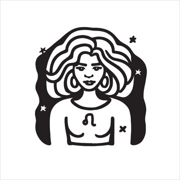 With the grace of a lioness and the heart of a Leo, this vector doodle depicts a powerful girl adorned with a majestic lion's mane. Radiate strength and confidence. Illustration of leo star sign.