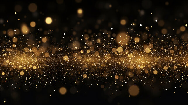 Golden dust particles on a black background with lights are scattered throughout the scene, creating a mesmerizing and festive ambiance.