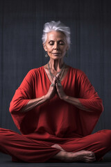 Serene senior woman meditating. Created with generative AI - 623845881