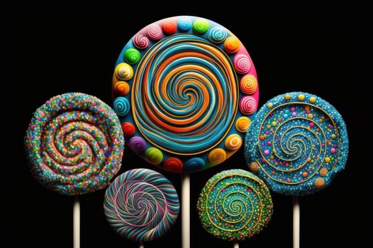 Colorful lollipops on a black background, close up