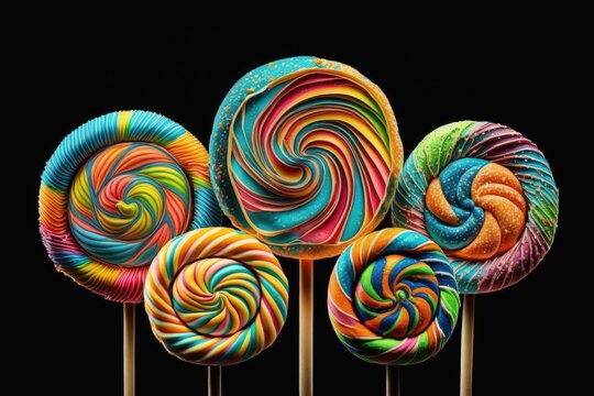 Colorful lollipops on a black background, close up