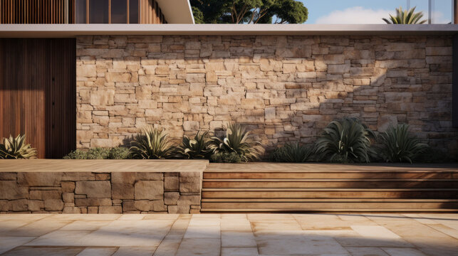 Front of one storey contemporary architect designed townhouse home. Facing with natural stone.