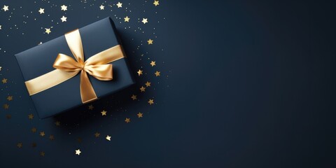 Gift box with golden ribbon, top view on navy background