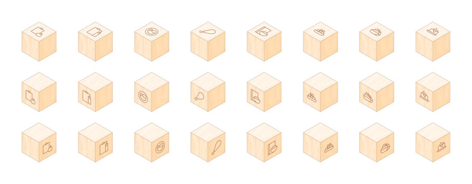 Nutrition Line Icons Printed On 3D Wooden Blocks. Cube Wood. Isometric Wood. Vector Illustration. Containing Nutrition, Chicken Thigh, Chicken Leg, Cereal, Canelons, Cake, Butter.