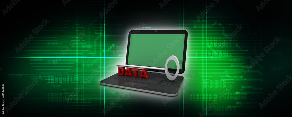 Poster 3d rendering data with key on laptop