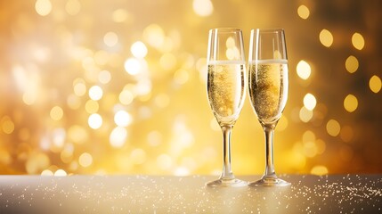 Deux coupes de champagne festive sur un fond pailleté  - obrazy, fototapety, plakaty
