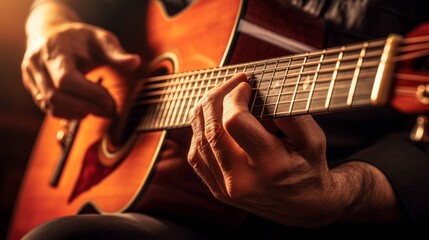 Fototapeta premium close up of hands playing classic guitar.