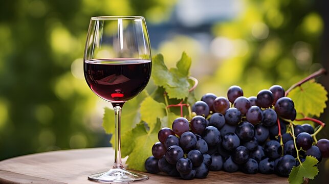 Un verre de vin rouge dans une vigne avec une grappe de raisin
