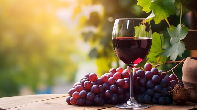 Un verre de vin rouge dans une vigne avec une grappe de raisin