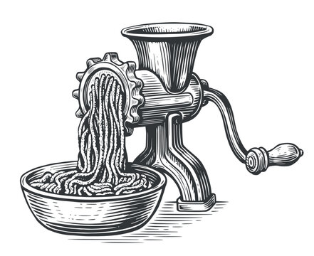 Forcemeat and meat grinder. Food concept. Sketch vintage vector illustration