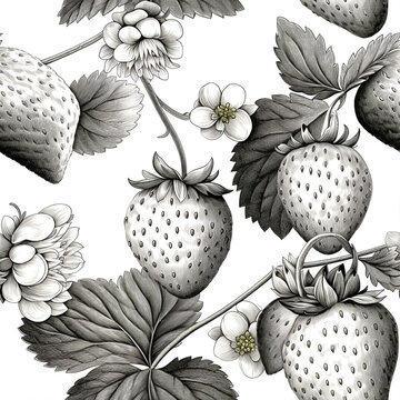 fragole disegnate a mano, a matita, bianco e nero, pattern, tile
