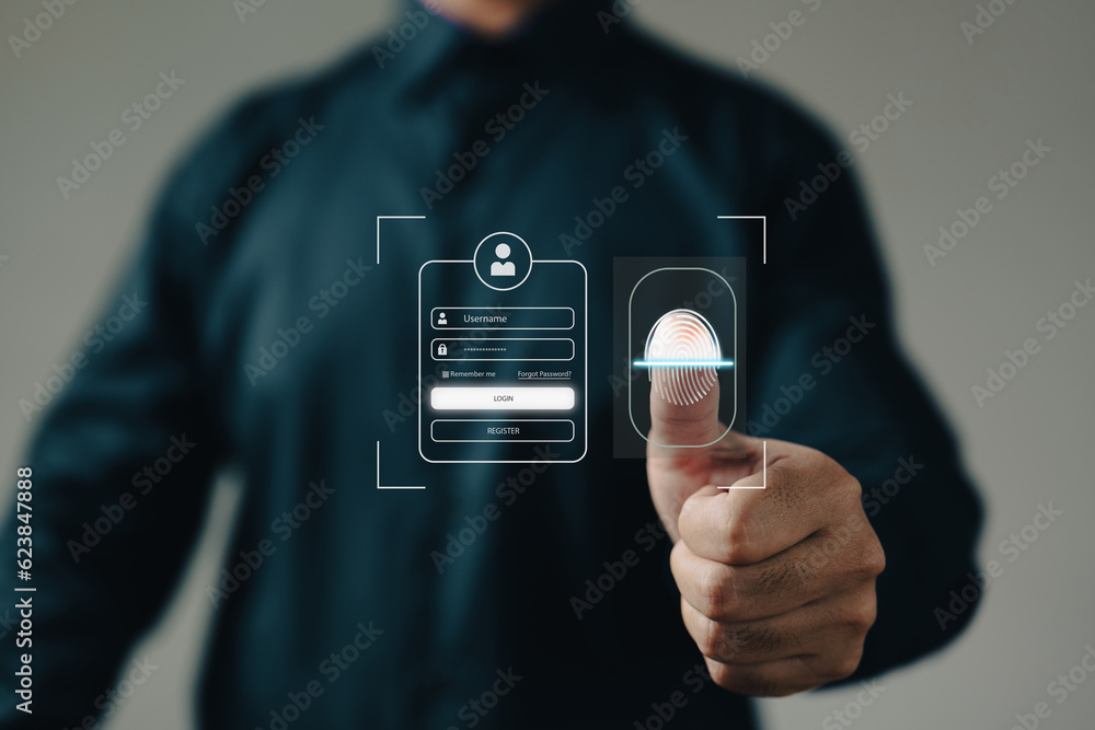 Poster The cybersecurity concept encompasses finger scan login, private data encryption, and internet security. The businessman scans his finger to access privacy and data protection