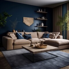 The interior design of the modern living room with a Beige corner sofa in the room and dark blue walls generative ai