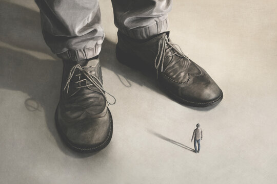 Illustration of little man facing giant, business inequality surreal concept