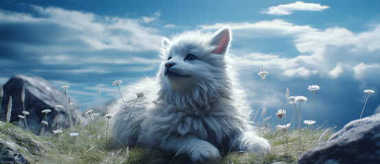 a small fluffy white cat is sitting on a hill Generated by AI
