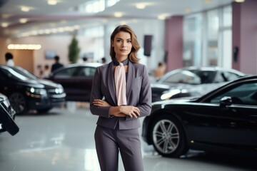 The female salesperson at a car showroom. Generative Ai.
