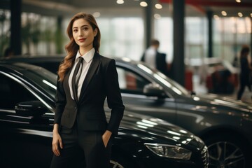 The female salesperson at a car showroom. Generative Ai.