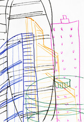 training hand drawn sketch of financial district on white paper by colour pens