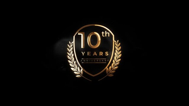 Tenth-year anniversary text and logo animation with gold effect and transparent background
