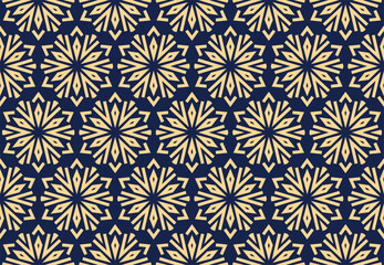 Materiał do szycia Abstract geometric pattern with lines, snowflakes. A seamless vector background. Gold and dark blue texture. Graphic modern pattern