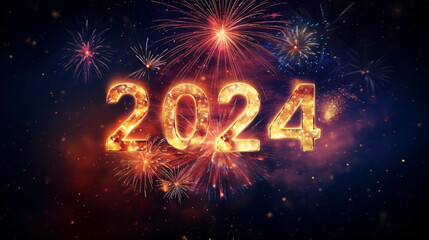 2024 New year written in gold letters capturing the attention of the viewer and display with colorful fireworks.