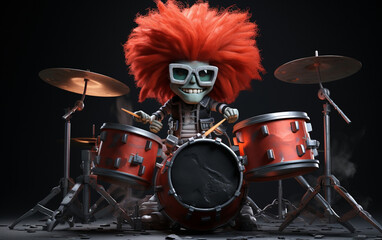 Fototapeta na wymiar Rock drummer with a red wig is playing in front of a black background, in the style of detailed character expressions, steel, 3d