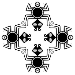 Geometrical ornament with four stylized spiders. Native American animal motif of Moche Indians of ancient Peru. Black and white silhouette.