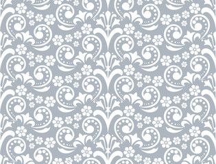 Wallpaper in the style of Baroque. Seamless vector background. White and gray floral ornament. Graphic pattern for fabric, wallpaper, packaging. Ornate Damask flower ornament.