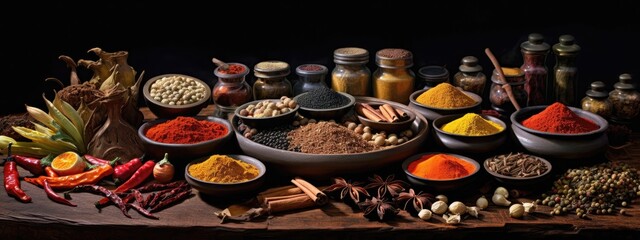 Array of exotic spices fills the air, evoking a tantalizing culinary background. Generative AI