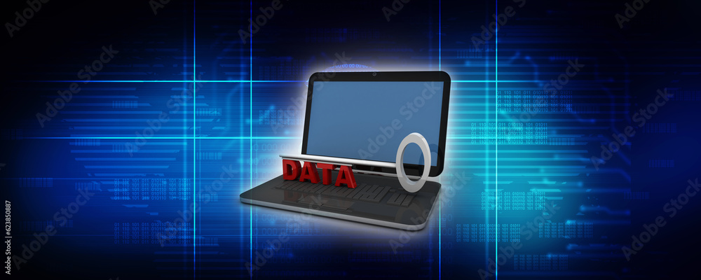 Poster 3d rendering data with key on laptop