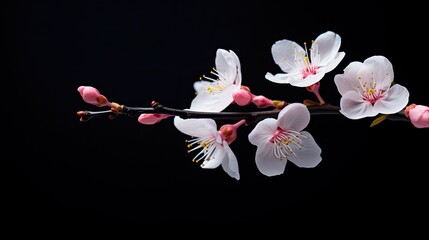 A mesmerizing micro shot of a delicate pink cherry blossom pistil, capturing its intricate stigma and slender style, against a dark and contrasting background with copy space. Generative AI. 