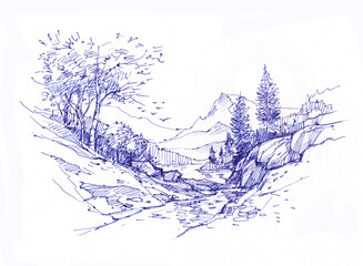 winter landscape with trees pen drawing for card decoration illustration
