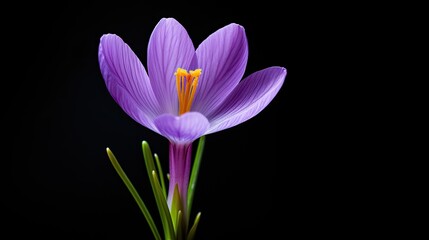 A captivating micro shot of a tiny purple crocus flower, showcasing its delicate petals and vibrant color, against a dark and contrasting background, providing negative space for your text or design e