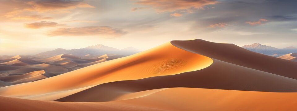 Golden sand dunes undulate across a vast desert landscape, composing a mesmerizing sandy background. Generative AI