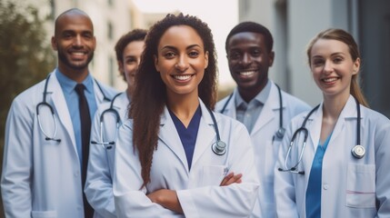 Leadership, teamwork and portrait doctors in hospital with support and success in healthcare. Health, help, and medicine, confident senior doctors happy medical employees smile together. Generative Ai
