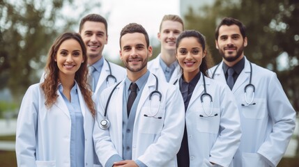 Fototapeta premium Leadership, teamwork and portrait doctors in hospital with support and success in healthcare. Health, help, and medicine, confident senior doctors happy medical employees smile together. Generative Ai