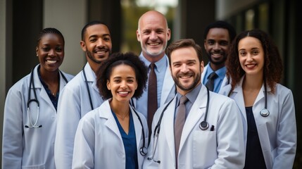 Leadership, teamwork and portrait doctors in hospital with support and success in healthcare. Health, help, and medicine, confident senior doctors happy medical employees smile together. Generative Ai