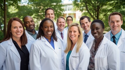 Fototapeta premium Leadership, teamwork and portrait doctors in hospital with support and success in healthcare. Health, help, and medicine, confident senior doctors happy medical employees smile together. Generative Ai