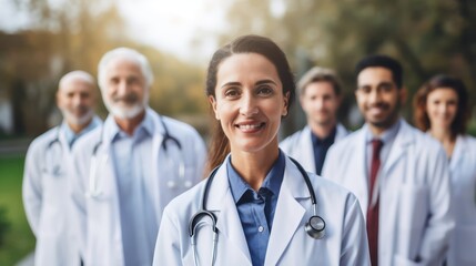 Fototapeta premium Leadership, teamwork and portrait doctors in hospital with support and success in healthcare. Health, help, and medicine, confident senior doctors happy medical employees smile together. Generative Ai